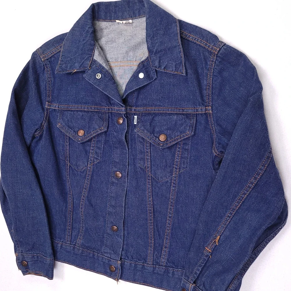 Vintage Levis Gals Denim Trucker Jacket Dark Wash White Tab‎ Big E Size L 70s